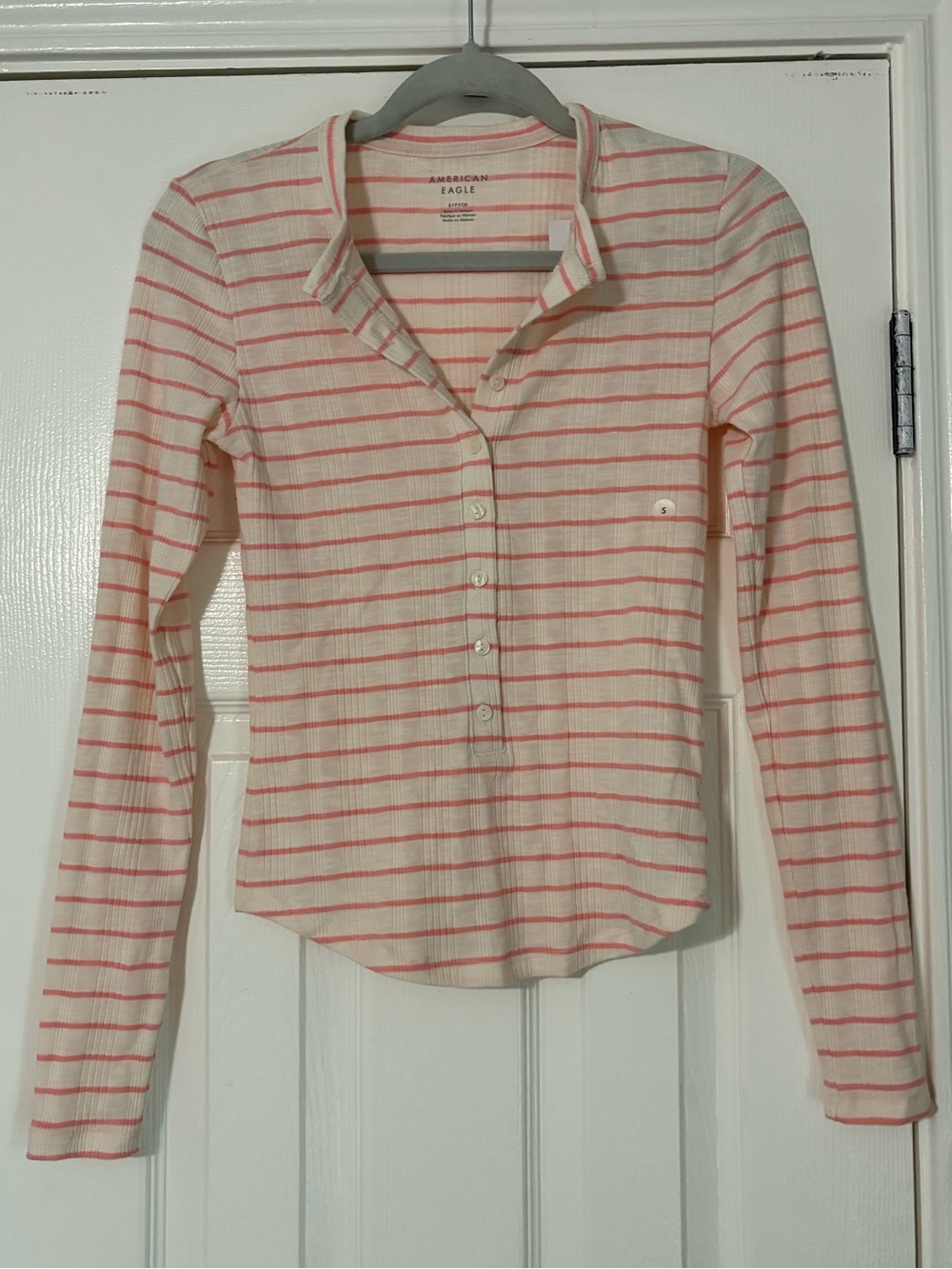 American Eagle Outfitters Cream and Pink Striped Henley Top